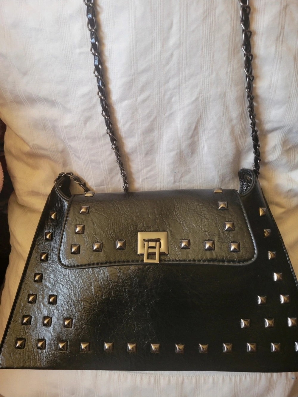 Black Studded Shoulder Bag with Chain Strap